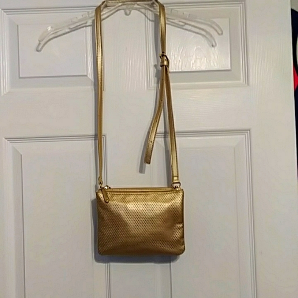 Small Gold Metallic Cross Body Purse by "C"